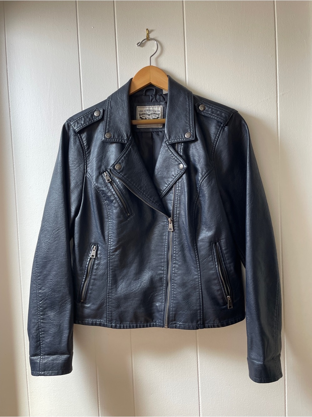 Gun-metal Slate Blue Leather Moto Jacket with Silver Hardware
